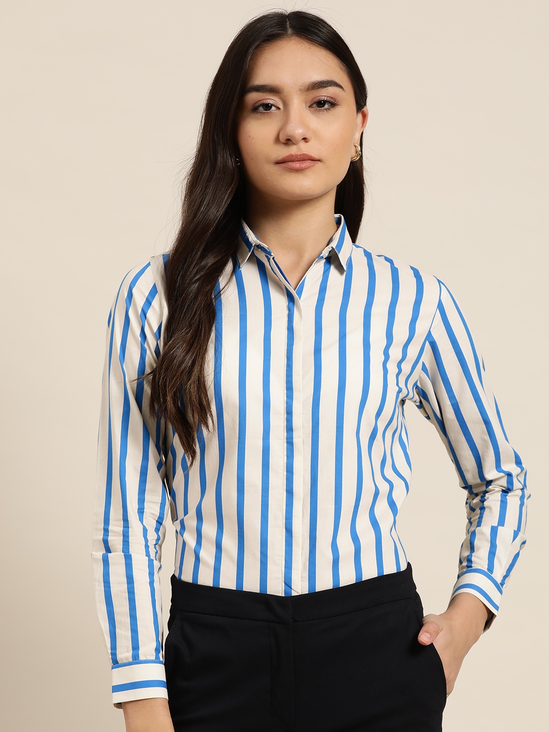

Hancock Women White & Blue Slim Fit Opaque Striped Cotton Formal Shirt