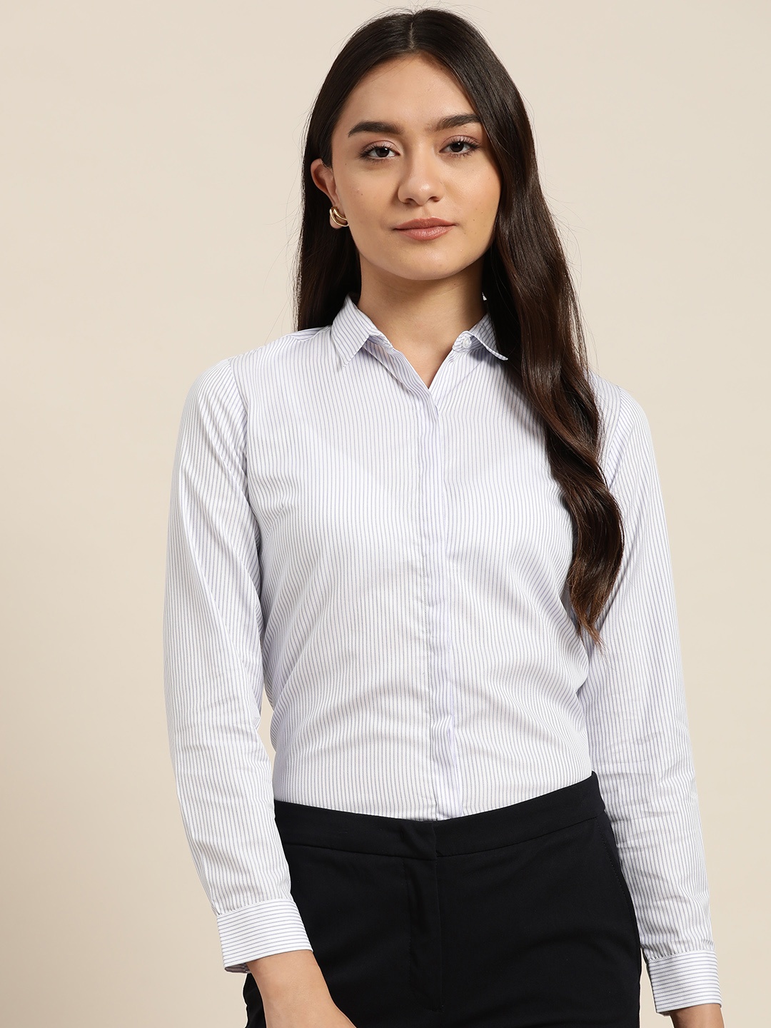 

Hancock Women White & Blue Slim Fit Opaque Cotton Striped Formal Shirt