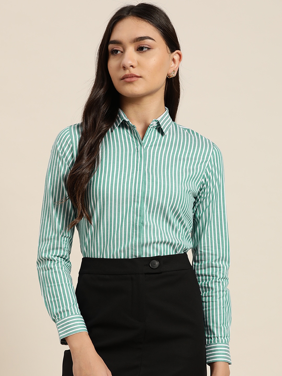 

Hancock Women Green & White Slim Fit Opaque Cotton Striped Formal Shirt