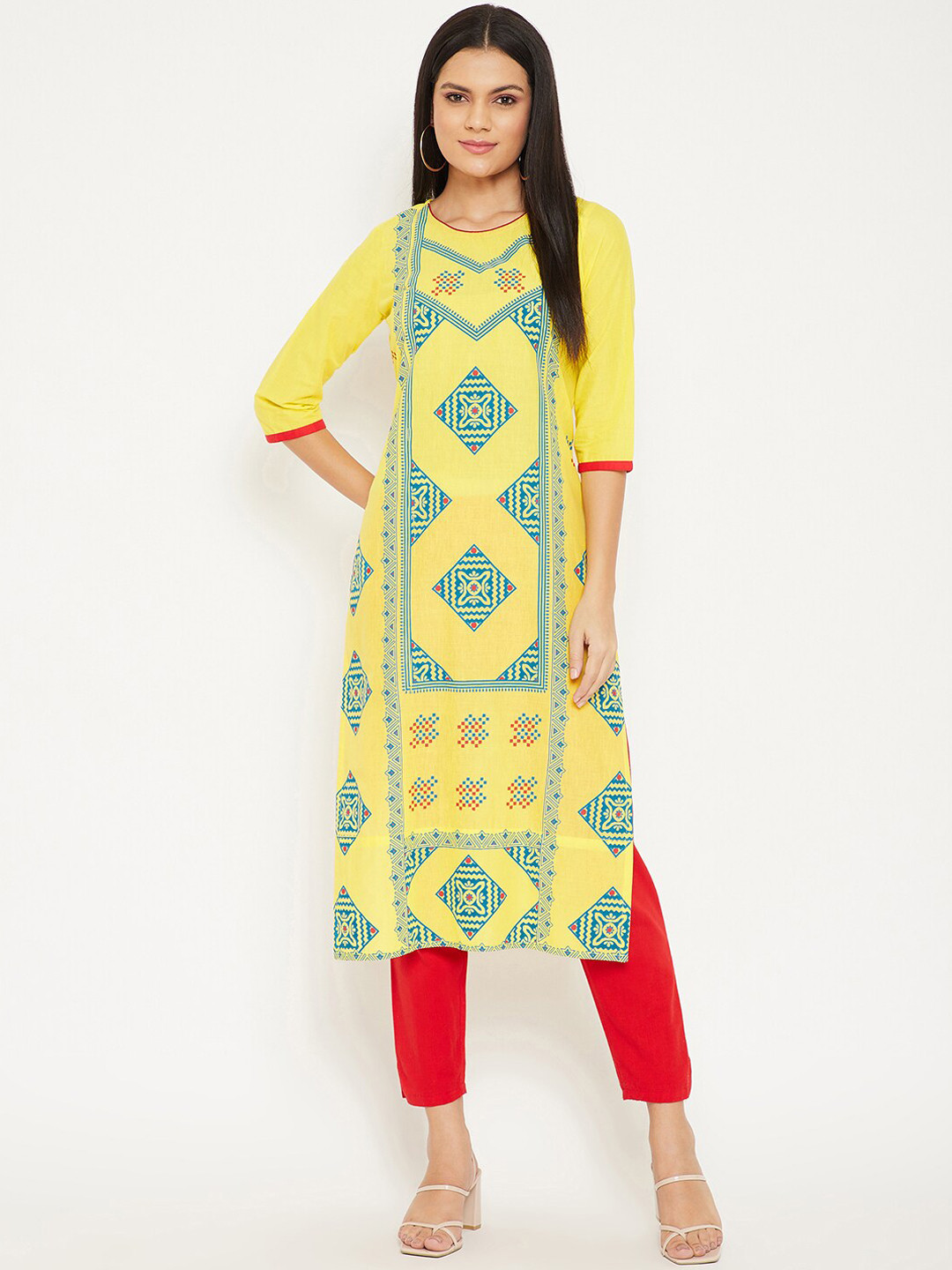 

WineRed Women Yellow & Blue Ethnic Motifs Print Cotton Kurta