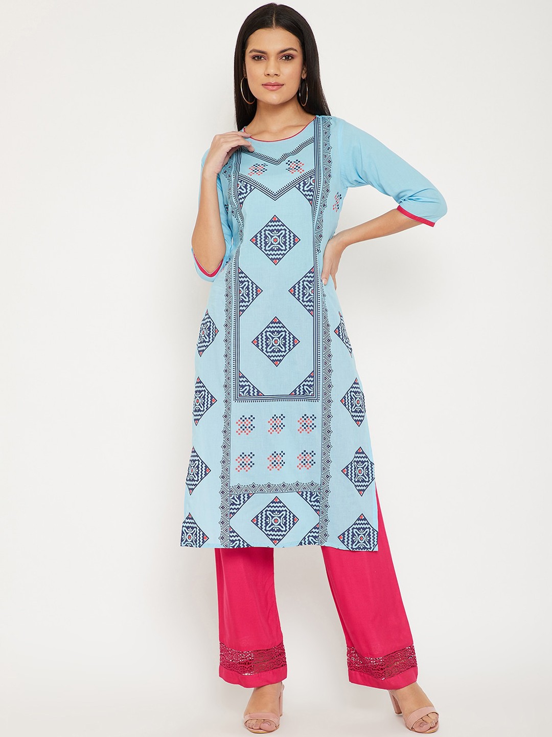 

WineRed Women Turquoise Blue & Peach-Coloured Ethnic Motifs Printed Cotton Straight Kurta