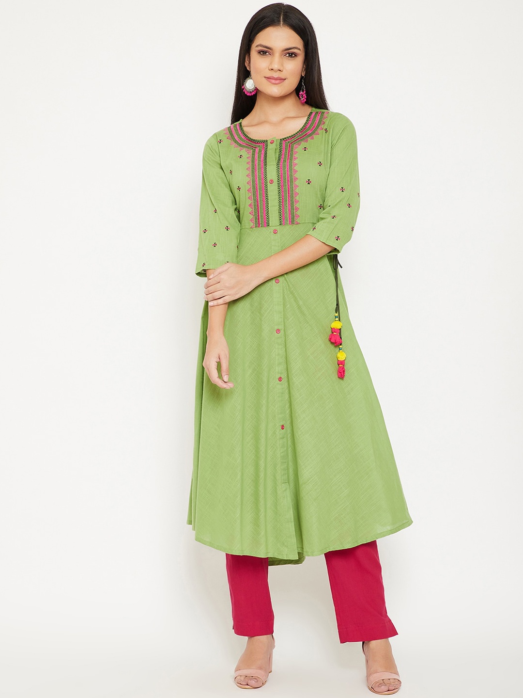 

WineRed Women Green & Pink Floral Embroidered Cotton A-line Kurta