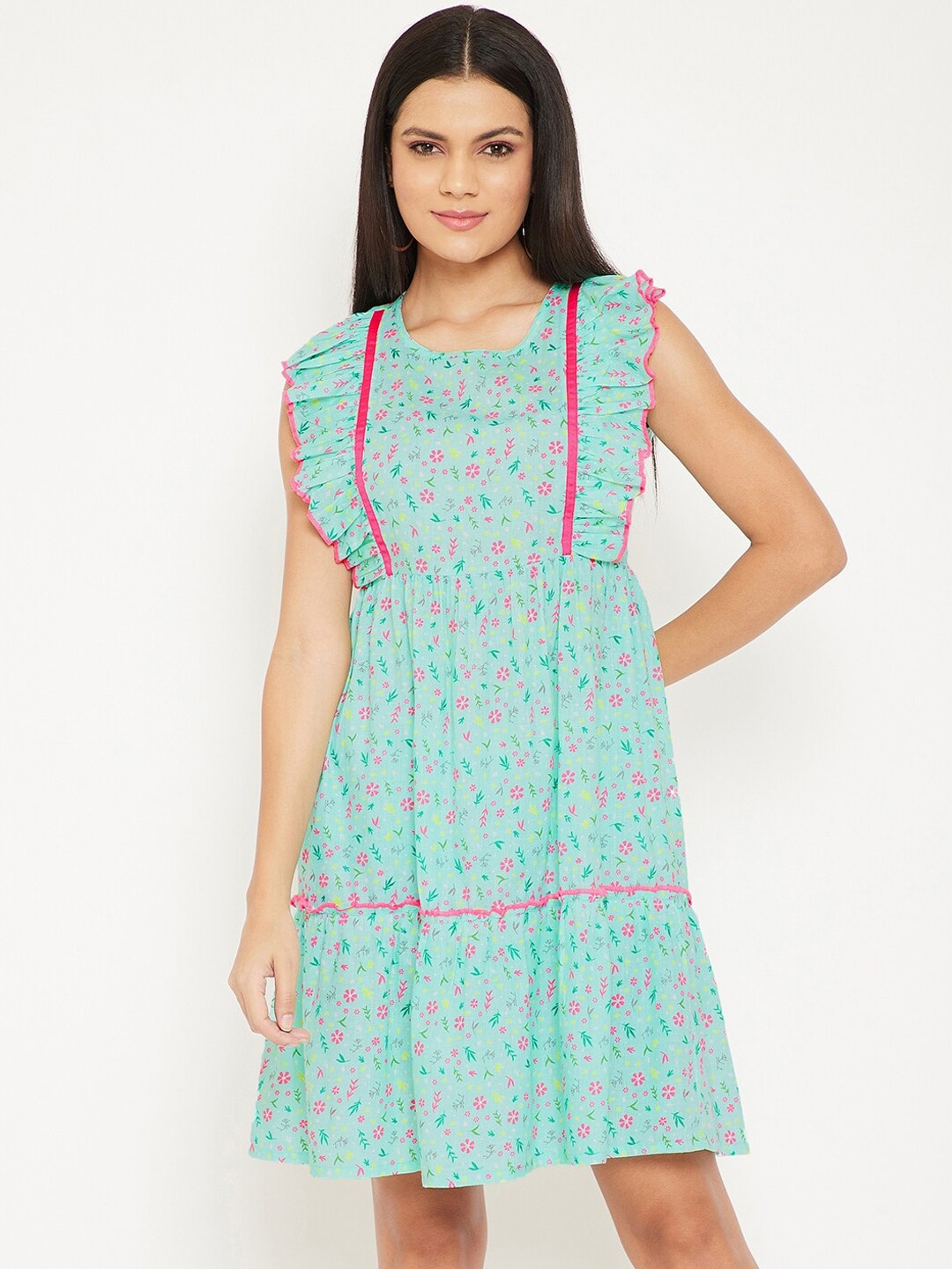 

WineRed Green & Pink Floral Printed Pure Cotton A-Line Dress