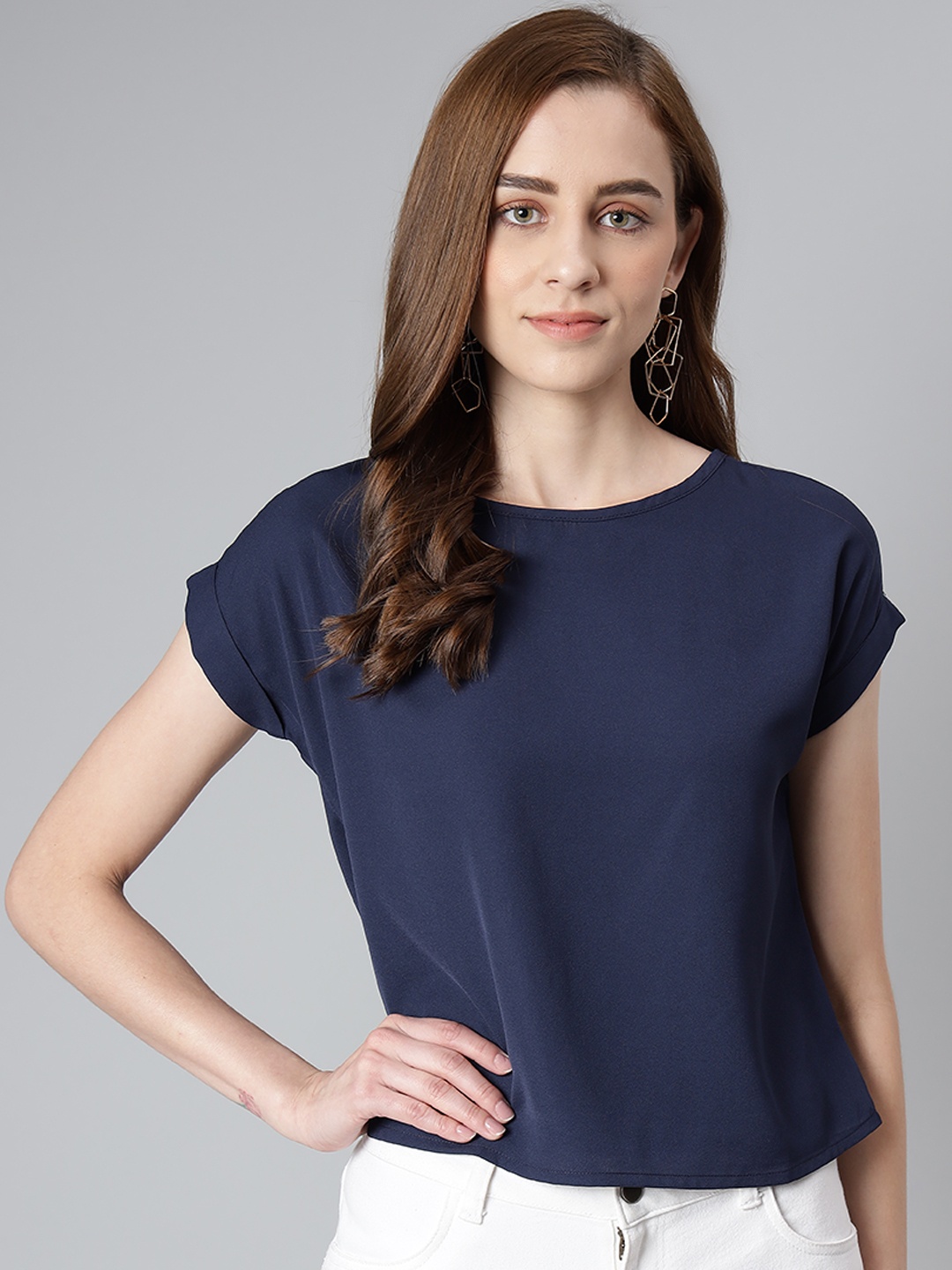 

Provogue Navy Blue Solid Extended Sleeves Regular Top
