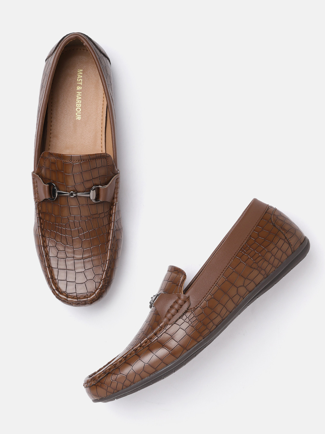 

Mast & Harbour Men Tan Brown Croc Textured Horsebit Loafers