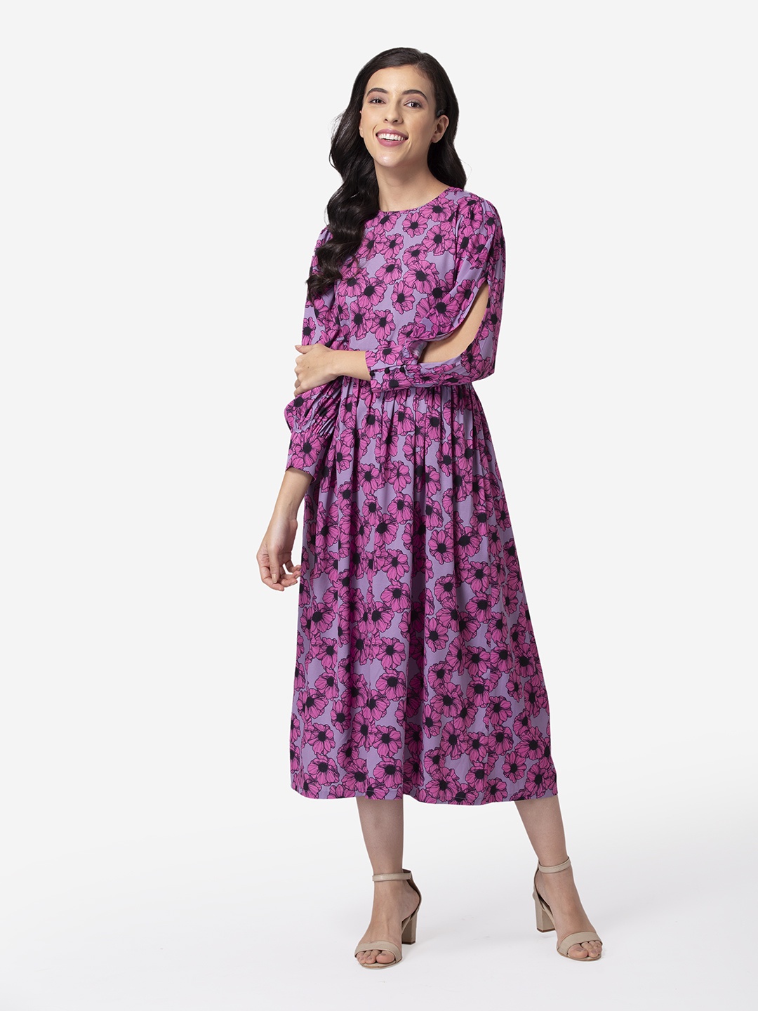 

DEEBACO Purple & Grey Floral Printed Midi Dress