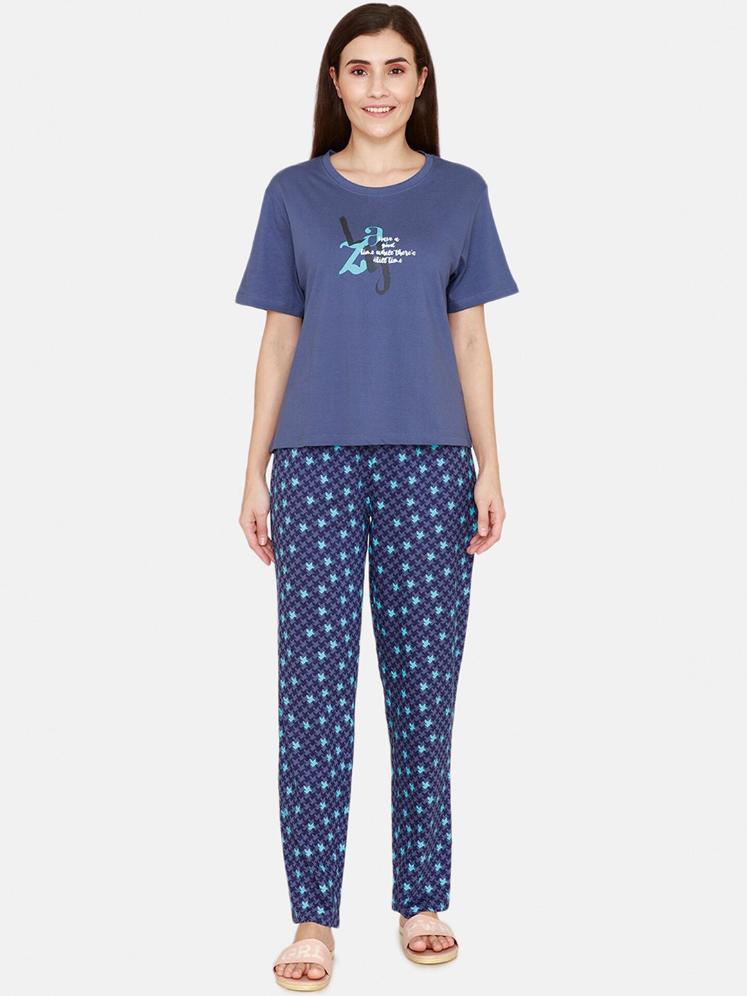 

Zivame Women Blue & White Printed Night suit