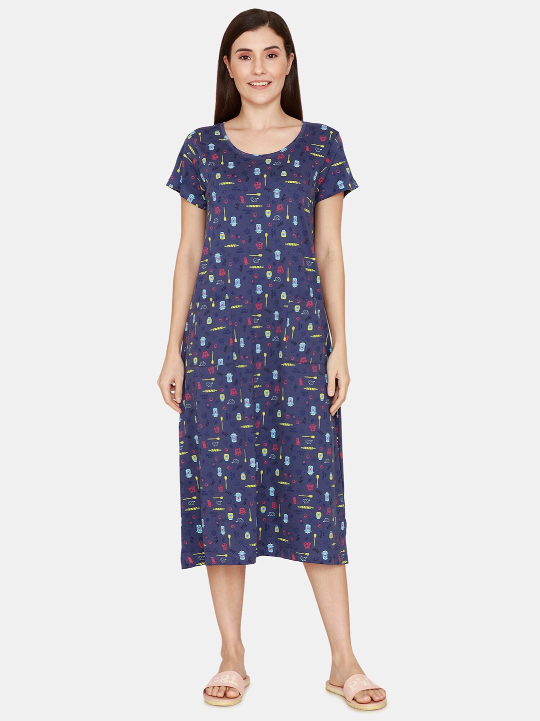 

Zivame Blue Printed Pure Cotton Nightdress