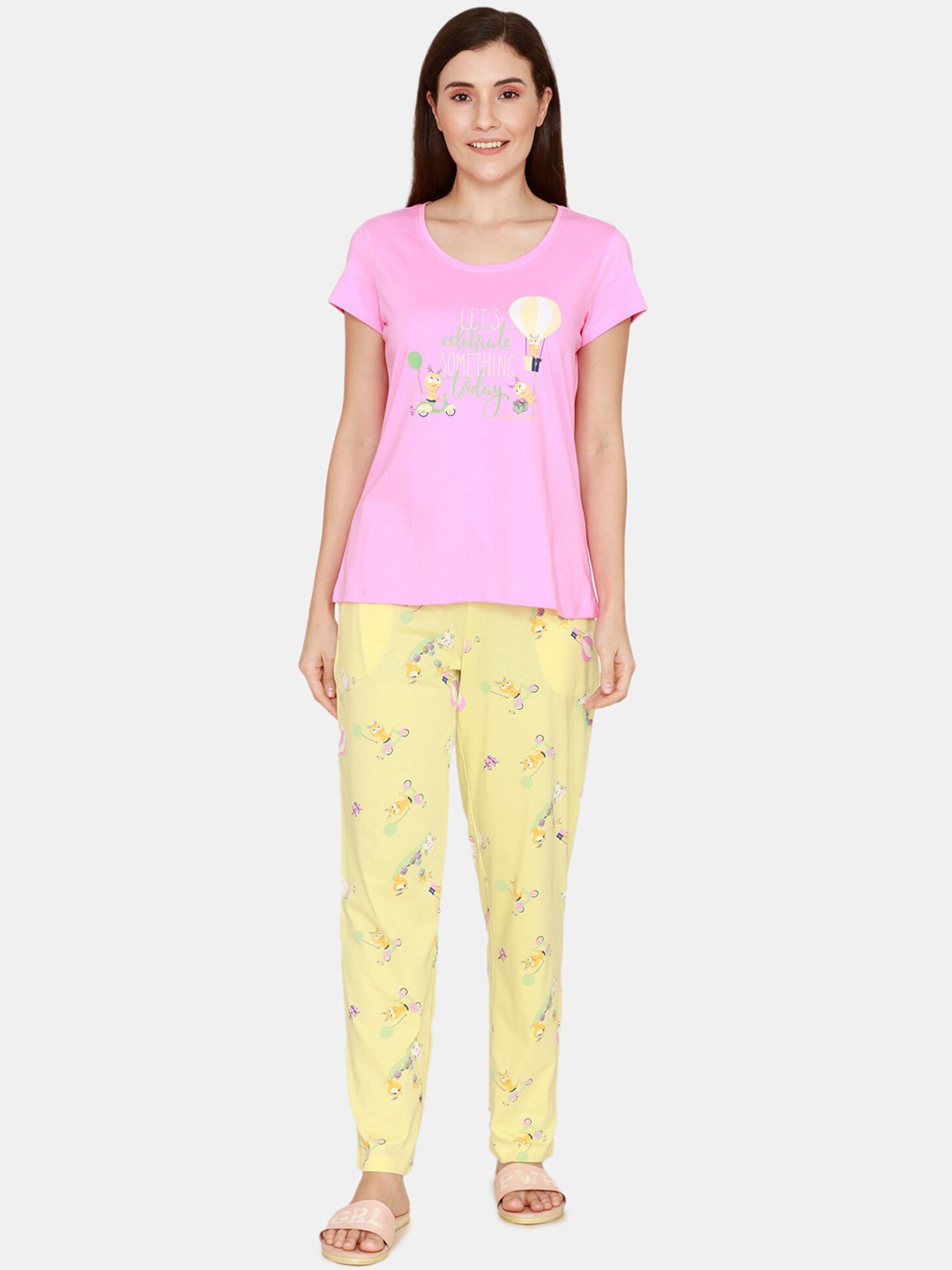 

Zivame Women Yellow & Pink Cotton Printed Night suit