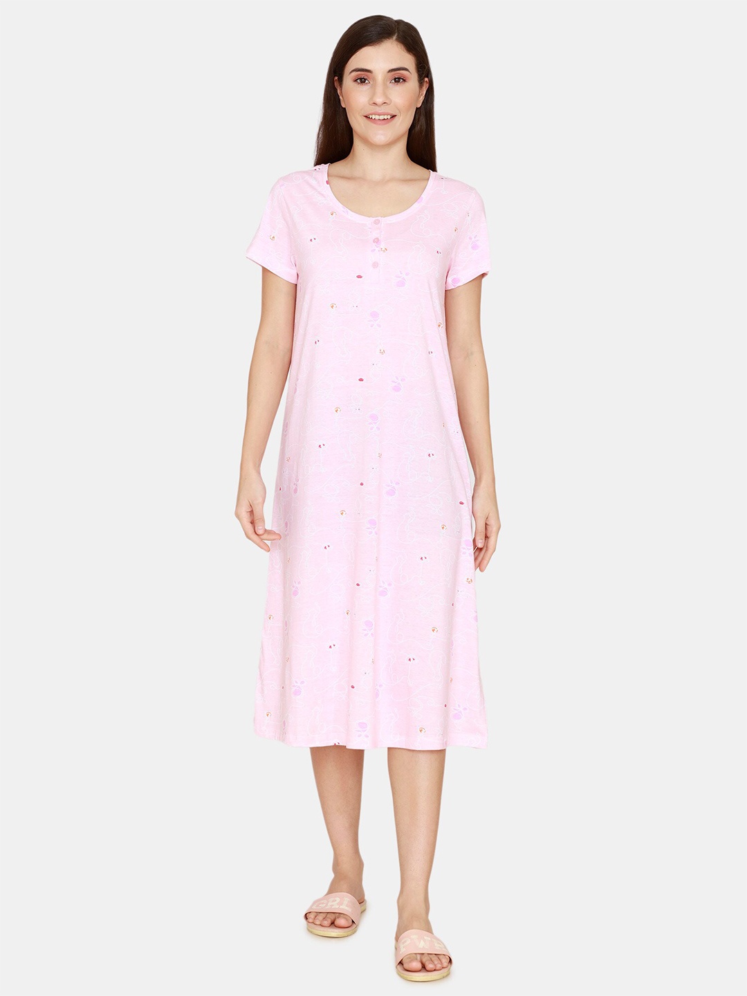 

Zivame Women Pink Printed Midi Nightdress