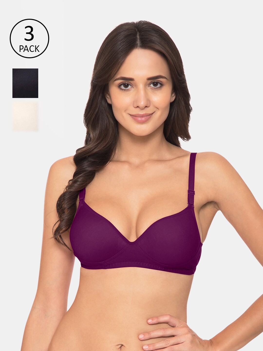 

KOMLI Pack of 3 Multicoloured Heavily Padded T-shirt Bra K-915-3PC-MG-BLK-OFFW, Multi