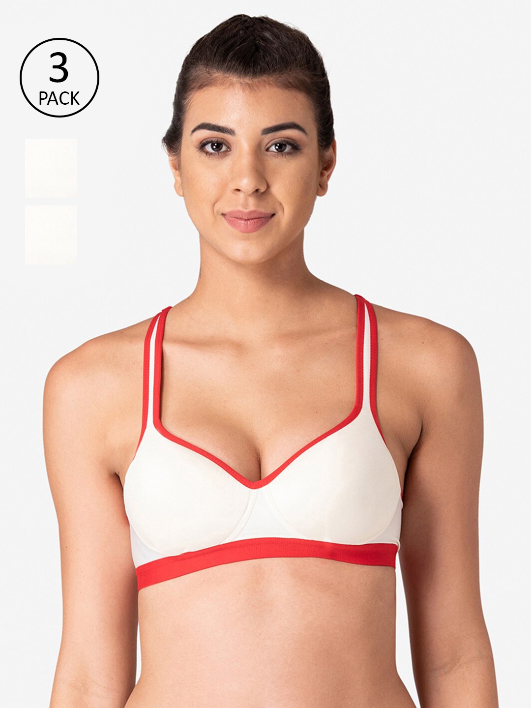

KOMLI Pack Of 3 Off White & Red Workout Bra - Lightly Padded