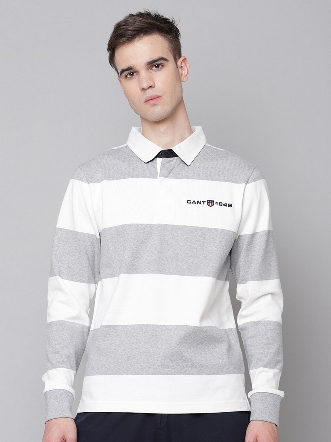 

GANT Men Grey Striped Polo Collar T-shirt