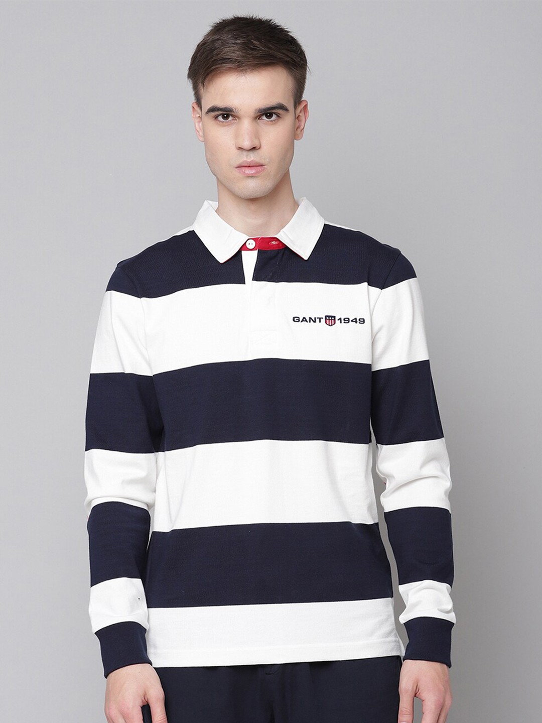 

GANT Men Navy Blue & White Striped Polo Collar T-shirt