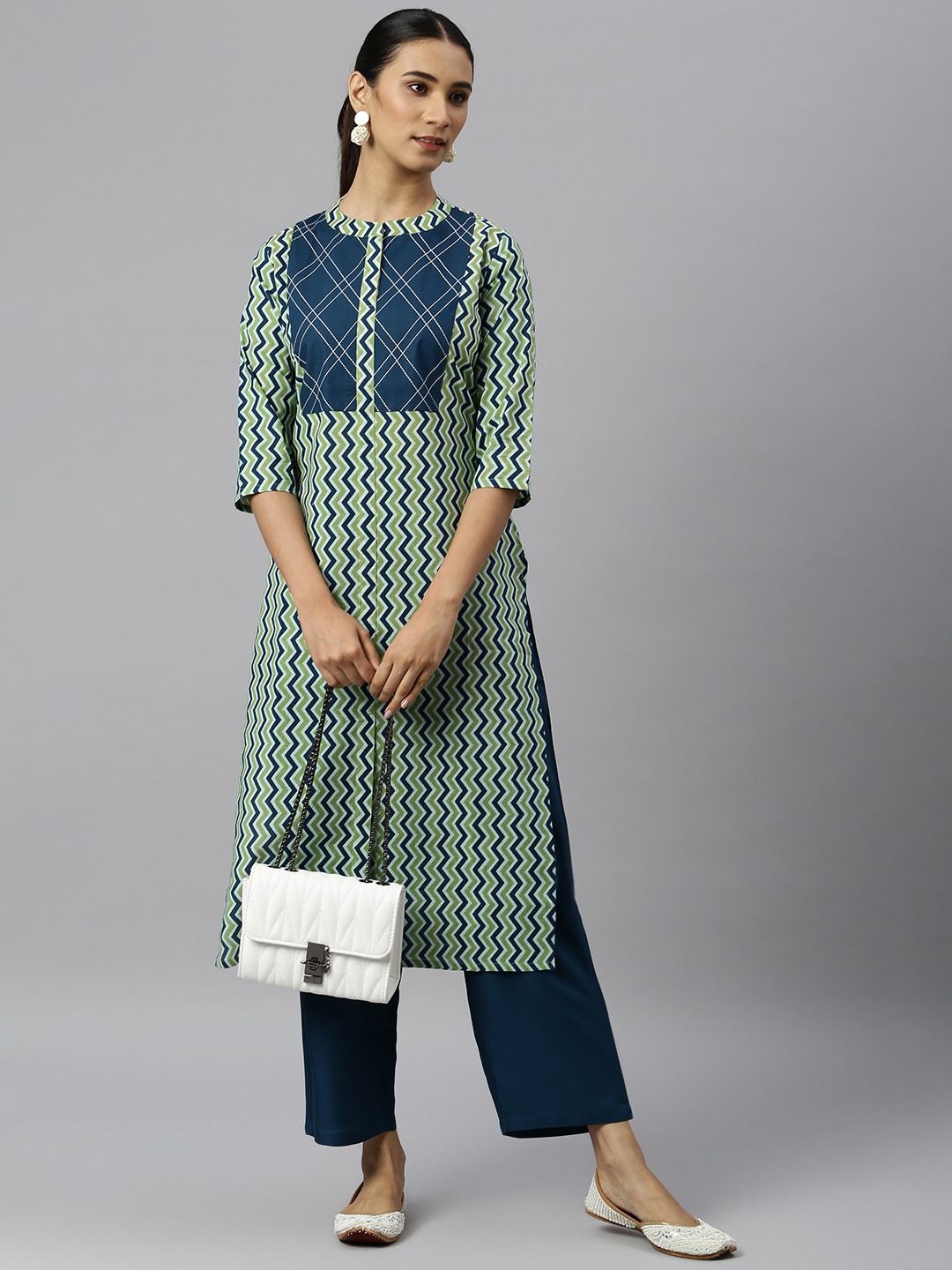 

Khushal K Women Green & Blue Printed Kurta with Trousers