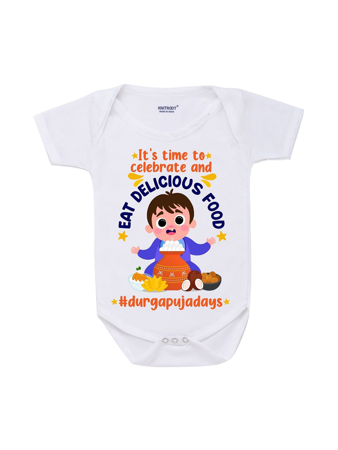 

KNITROOT Infant Kids White Cotton Durga Puja Days Baby Romper
