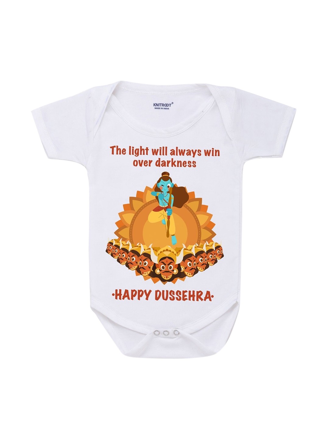 

KNITROOT Infant Kids White Cotton Happy Dussehra Ram Baby Romper