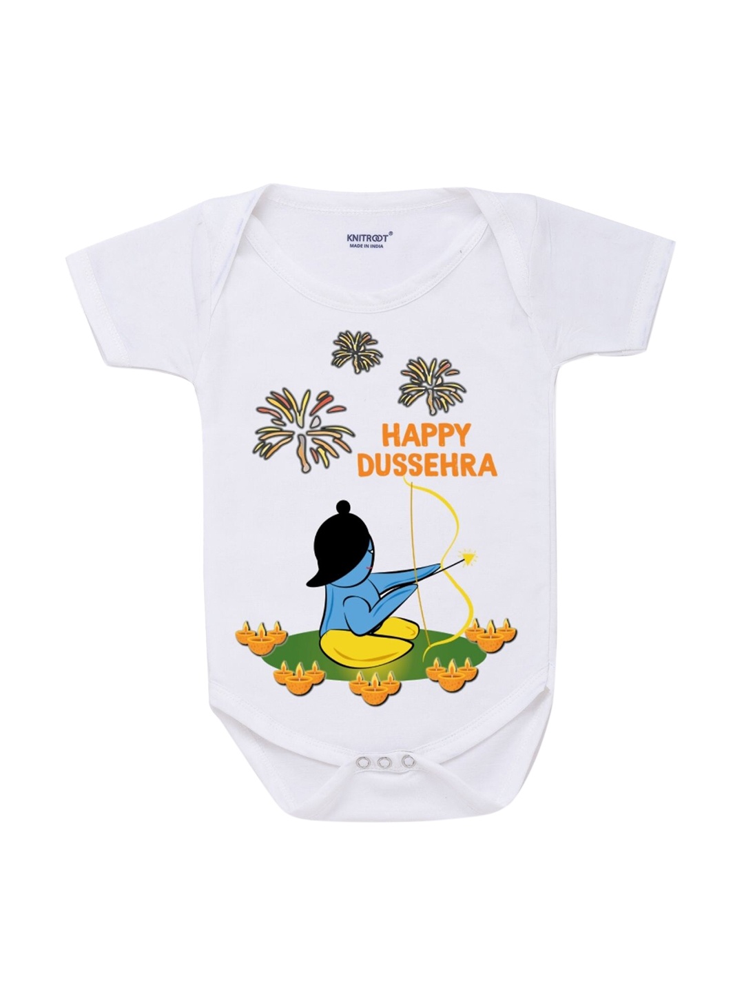 

KNITROOT Infant Kids White Cotton Happy Dussehra Diya Baby Romper