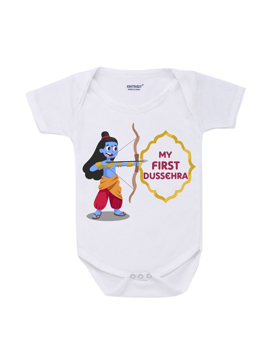 

KNITROOT Infant Kids White Cotton My First Dussehra Baby Romper
