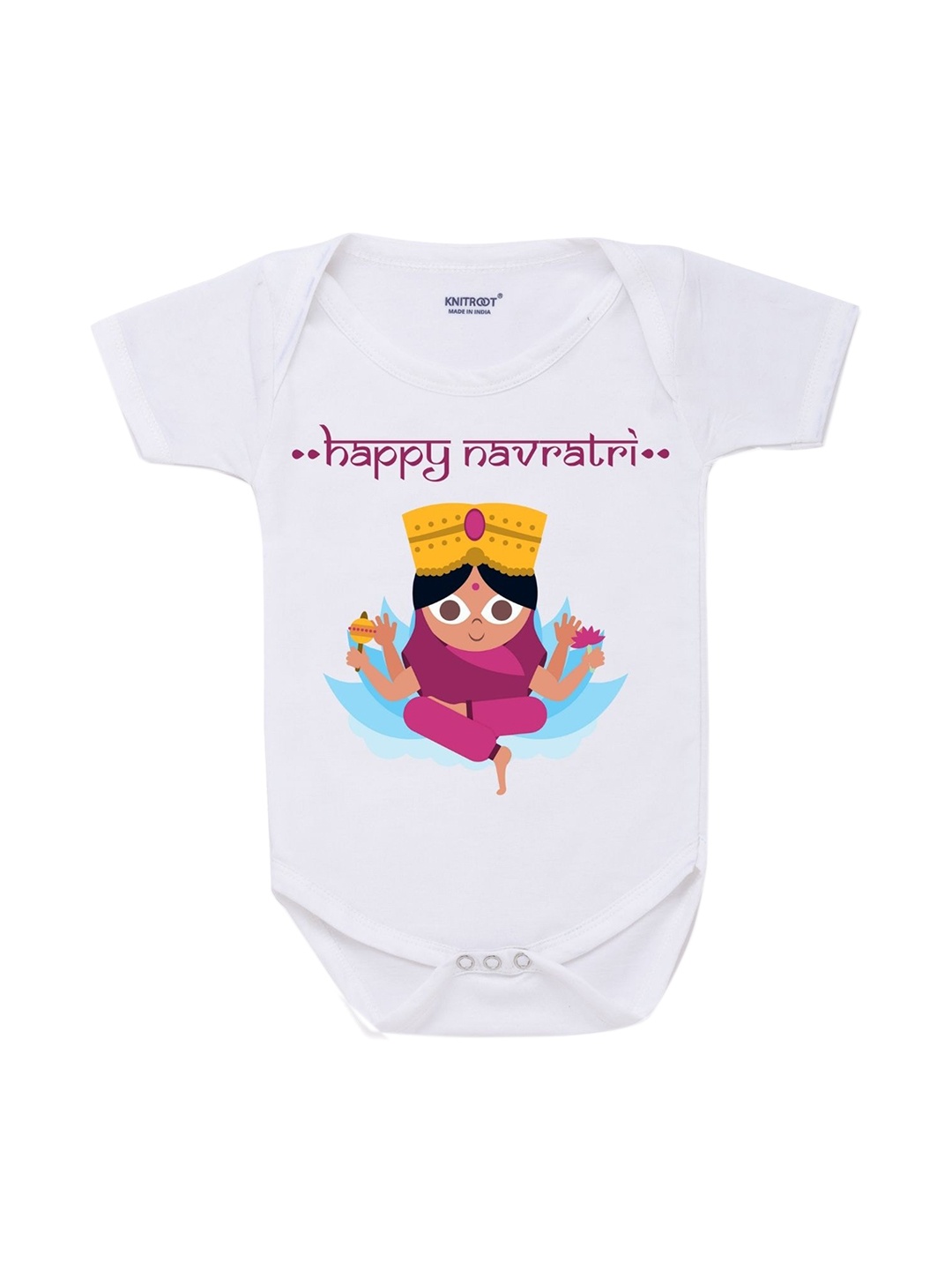 

KNITROOT Infant Kids White Cotton Baby Romper Happy Navratri Baby Romper