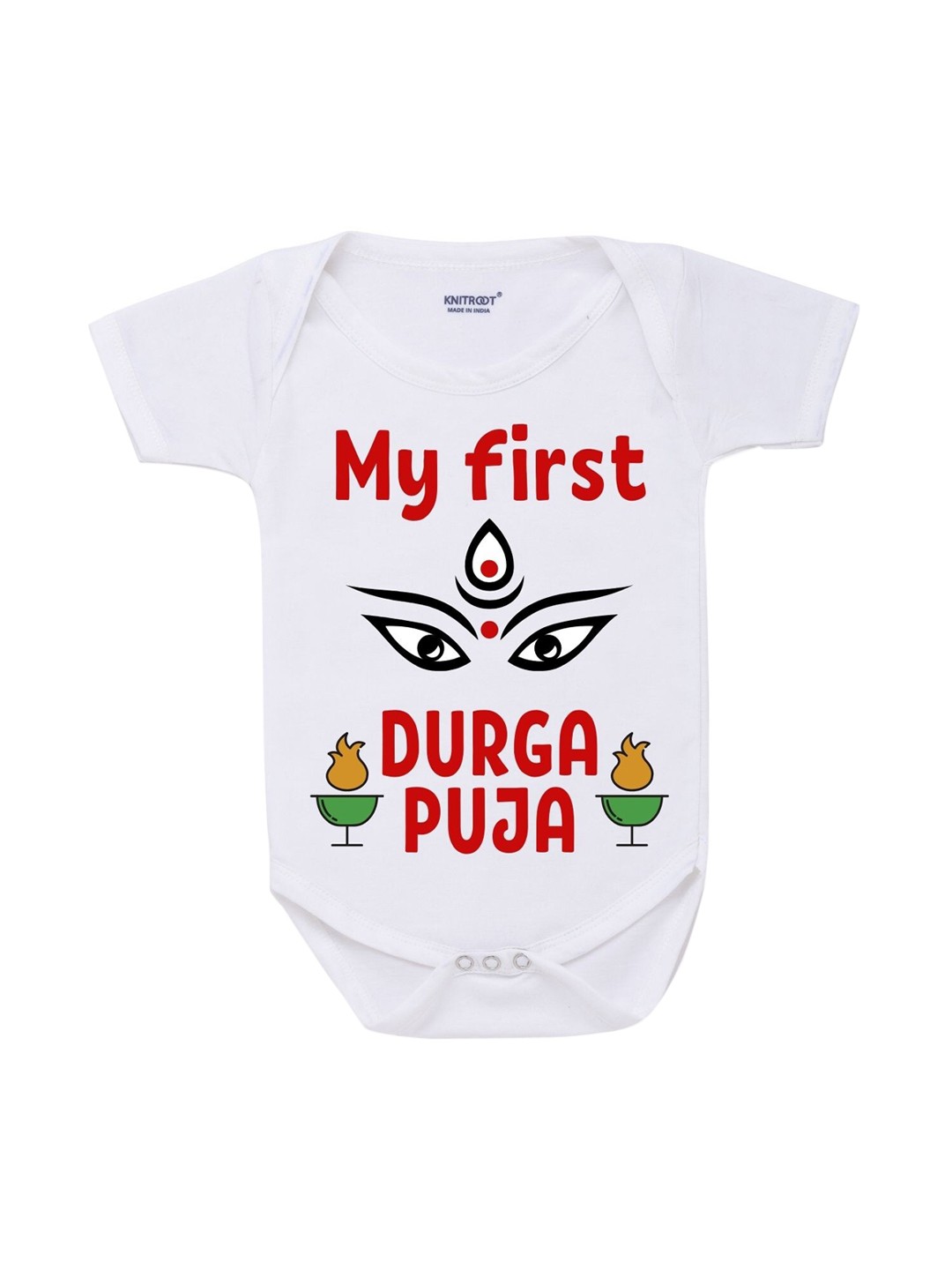 

KNITROOT Infant Kids White Cotton Baby Romper My First Durga Puja Baby Romper
