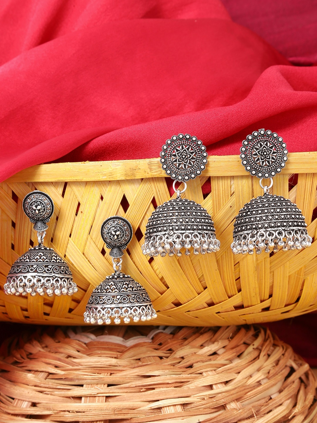 

Yellow Chimes Set Of 2 Silver Plated & Silver-Toned Oxidised Dome Shaped Jhumkas Earrings