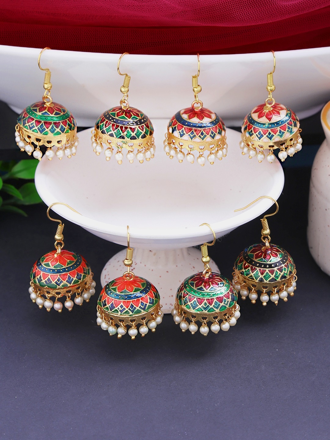 

Yellow Chimes Set of 4 Multicolerd Meenakari Jhumka Earrings, Gold