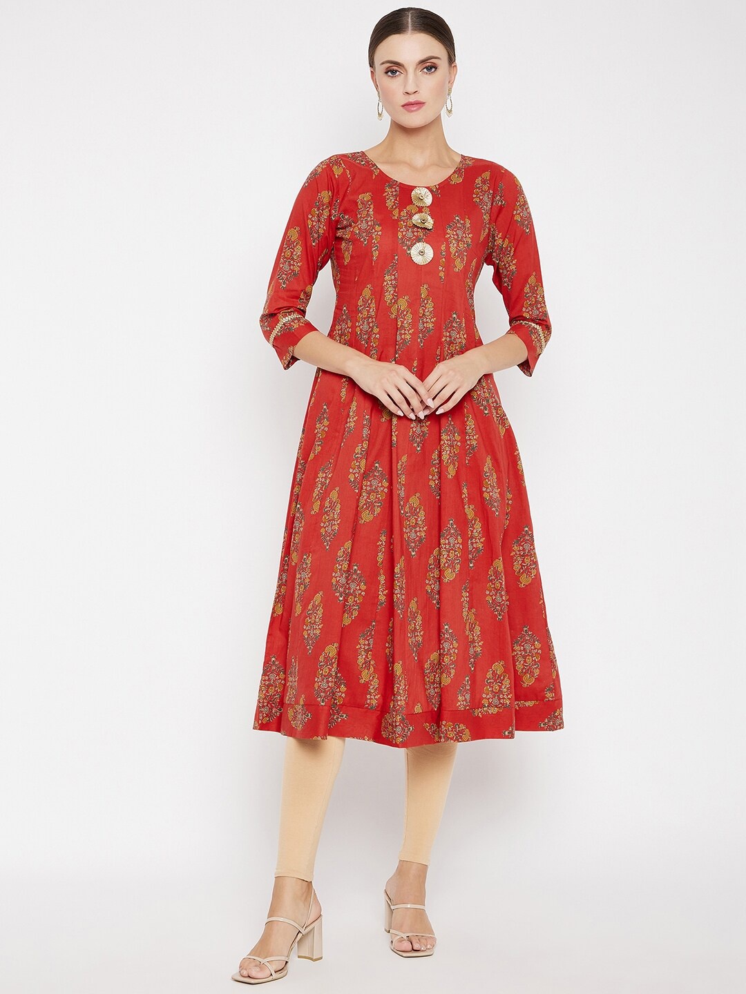

One of a Kind Women Red & Yellow Floral Printed Gotta Patti Anarkali Kurta
