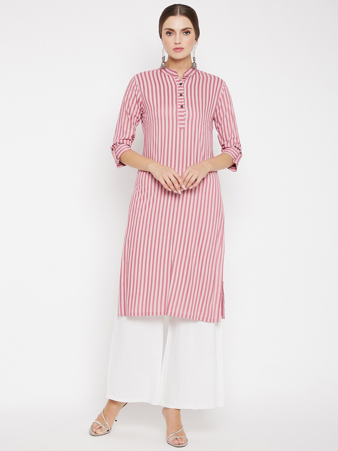 

One of a Kind Women Pink & Grey Striped Straight Kurta