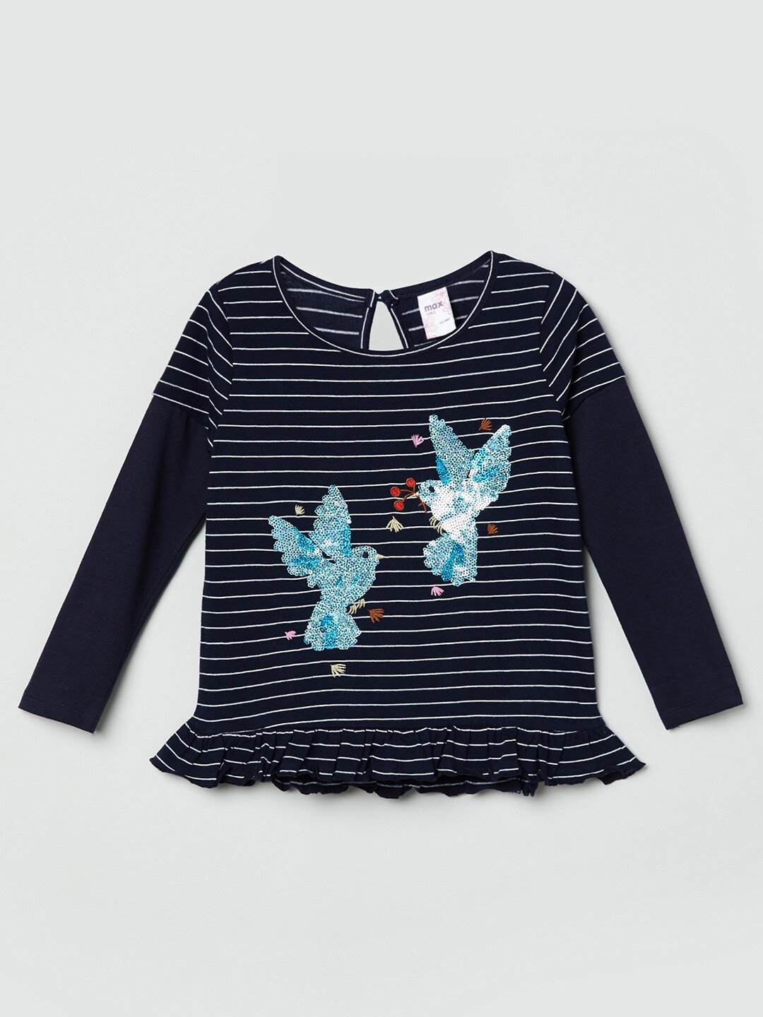 

max Girls Navy Blue & White Striped Sequined Pure Cotton Regular Top