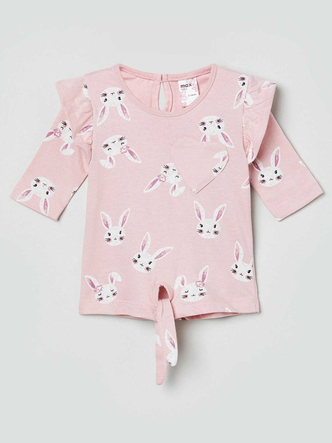 

max Girls Pink & White Pure Cotton Bunny Printed Regular Top with Tie-Up