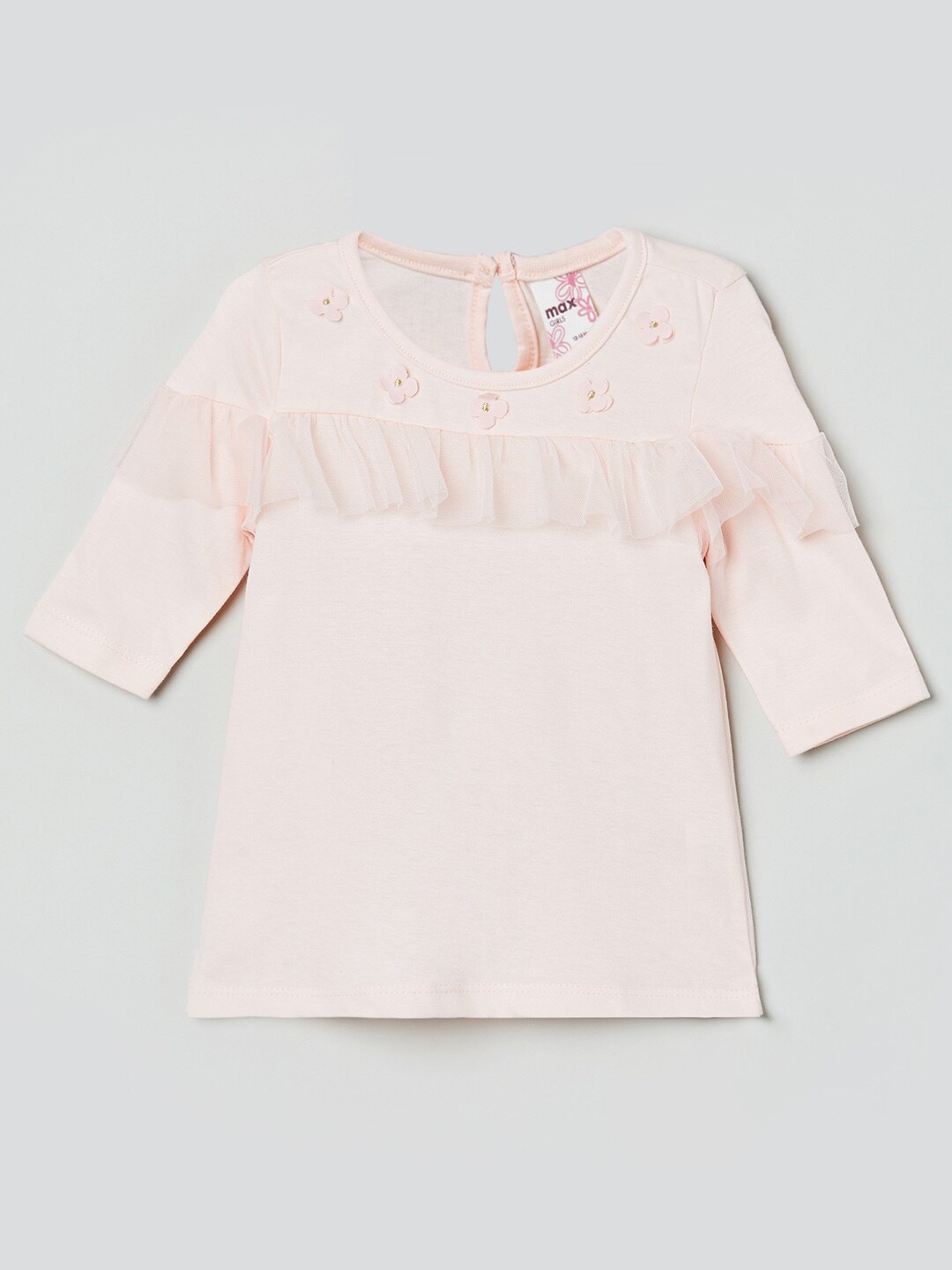 

max Girls Peach-Coloured Floral Embroidered Ruffles Regular Top