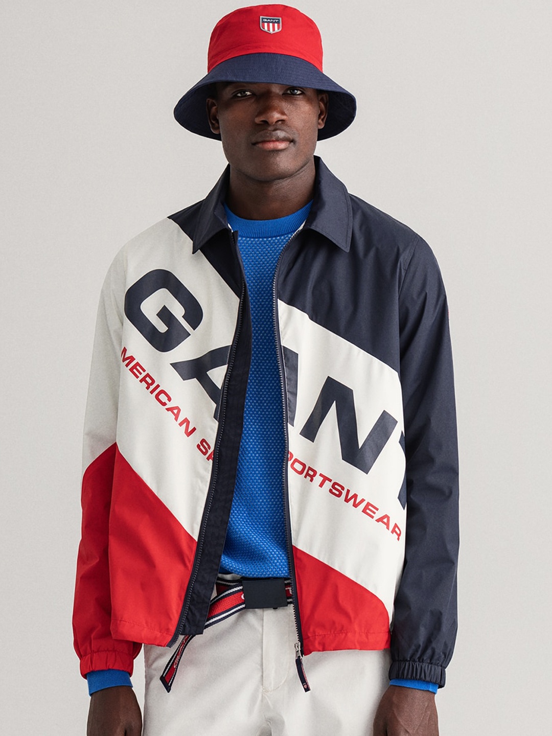 

GANT Men Blue & Off White Colourblocked Regular Fit Windcheater Sporty Jacket