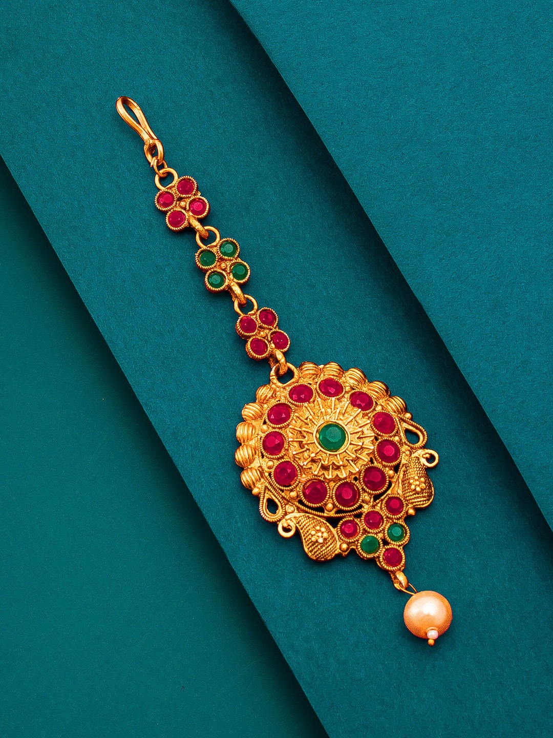 

aadita Women Gold-Toned & Red Ruby and Pearls Studded Maang Tikka
