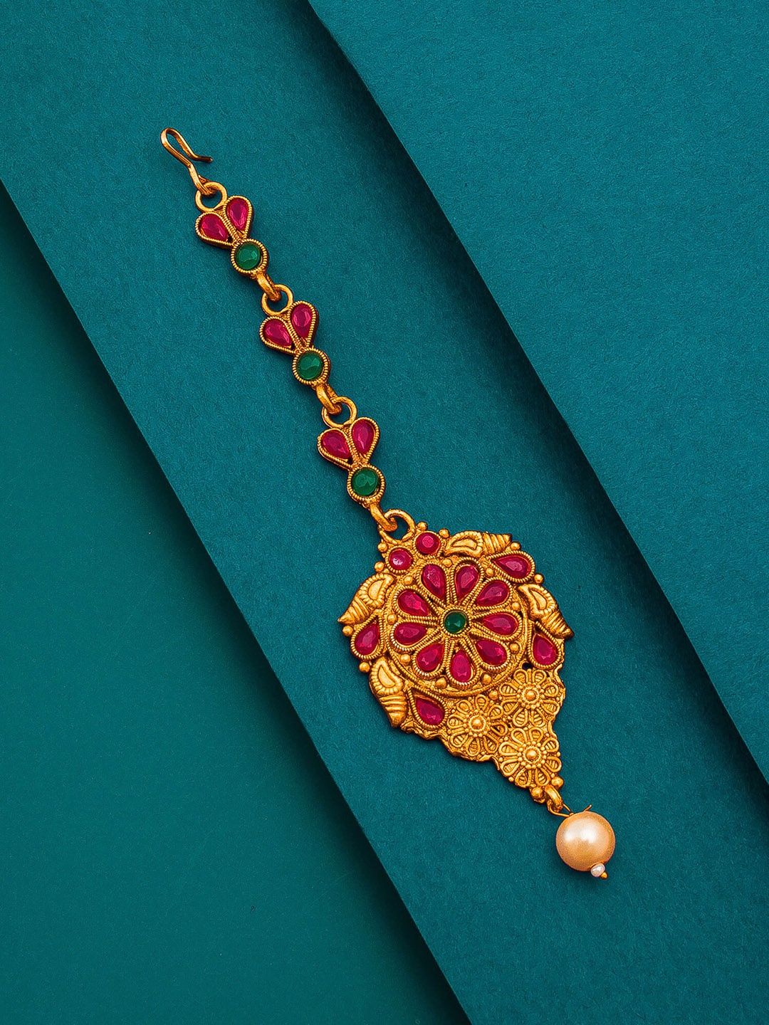 

aadita Women Gold-Toned & Red Ruby and Pearls Studded Maang Tikka