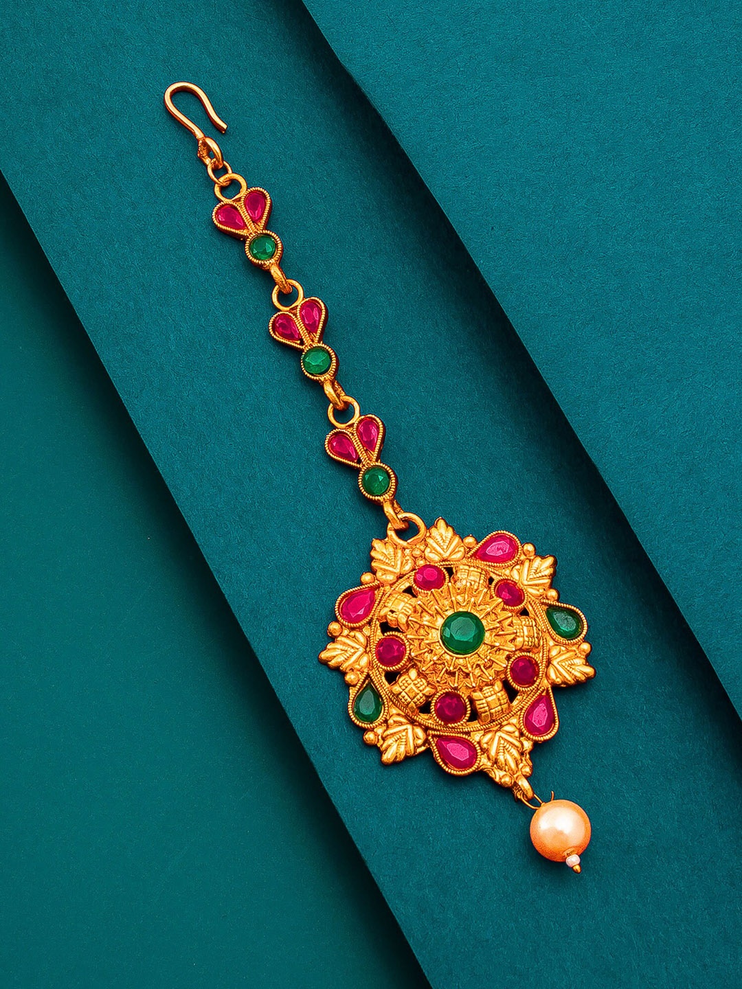 

Aadita Women Gold-Toned & Red Ruby and Pearls Studded Maang Tikka