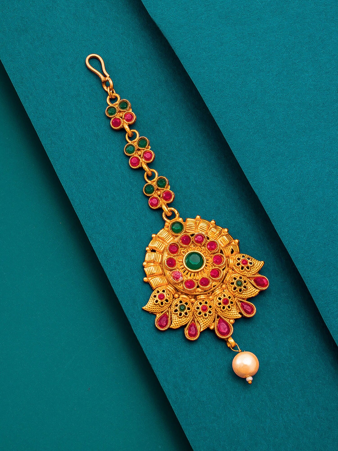 

aadita Women Gold-Toned & Red Ruby and Pearls Studded Maang Tikka