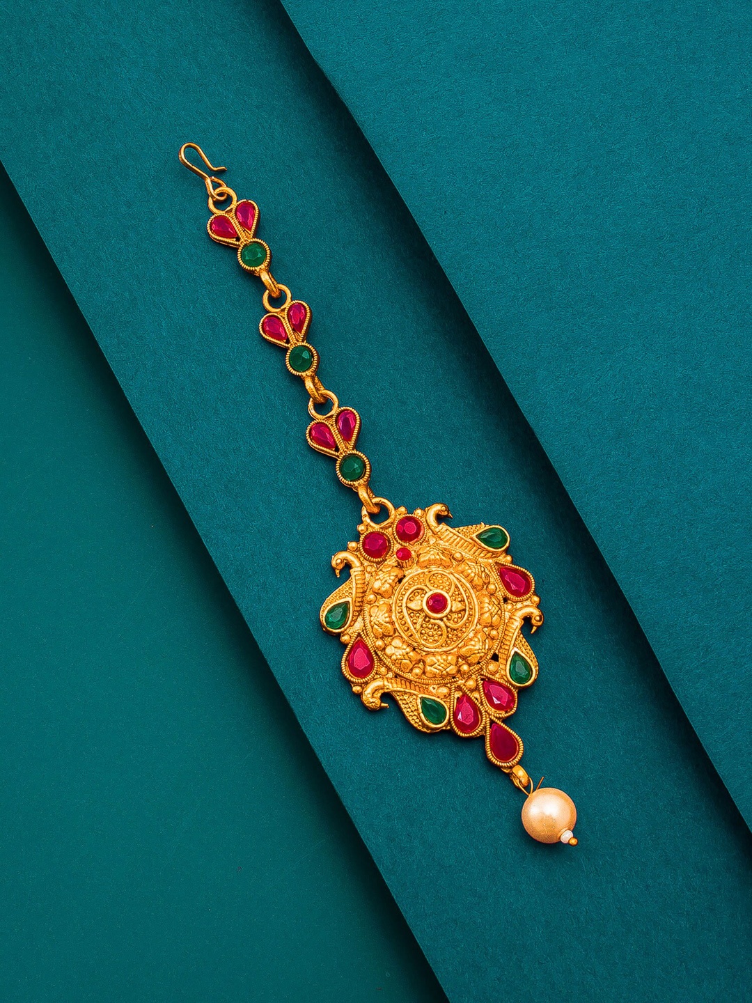 

aadita Women Gold-Toned & Red Ruby and Pearls Studded Maang Tikka