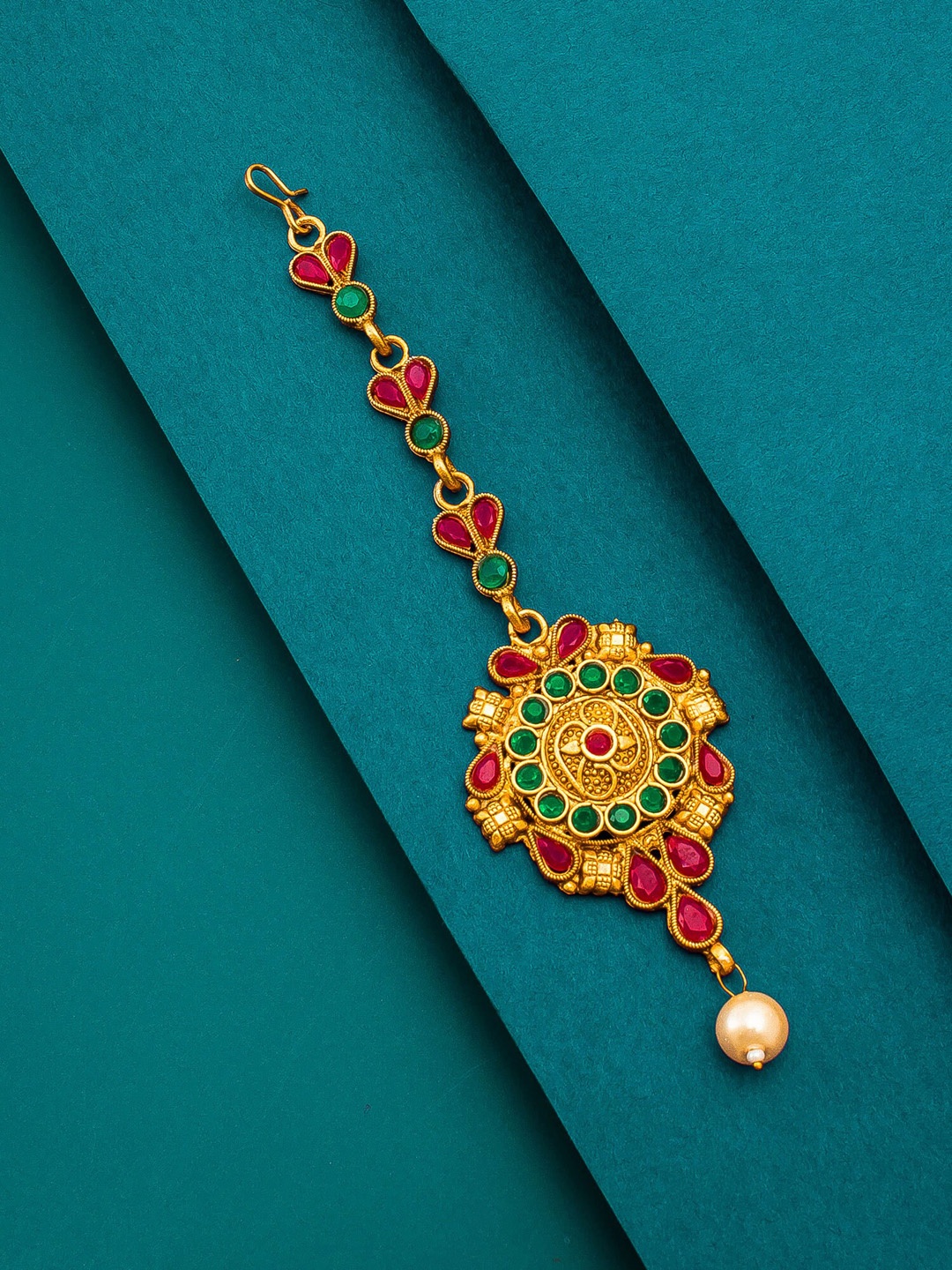 

aadita Women Gold-Toned & Red Ruby and Pearls Studded Maang Tikka