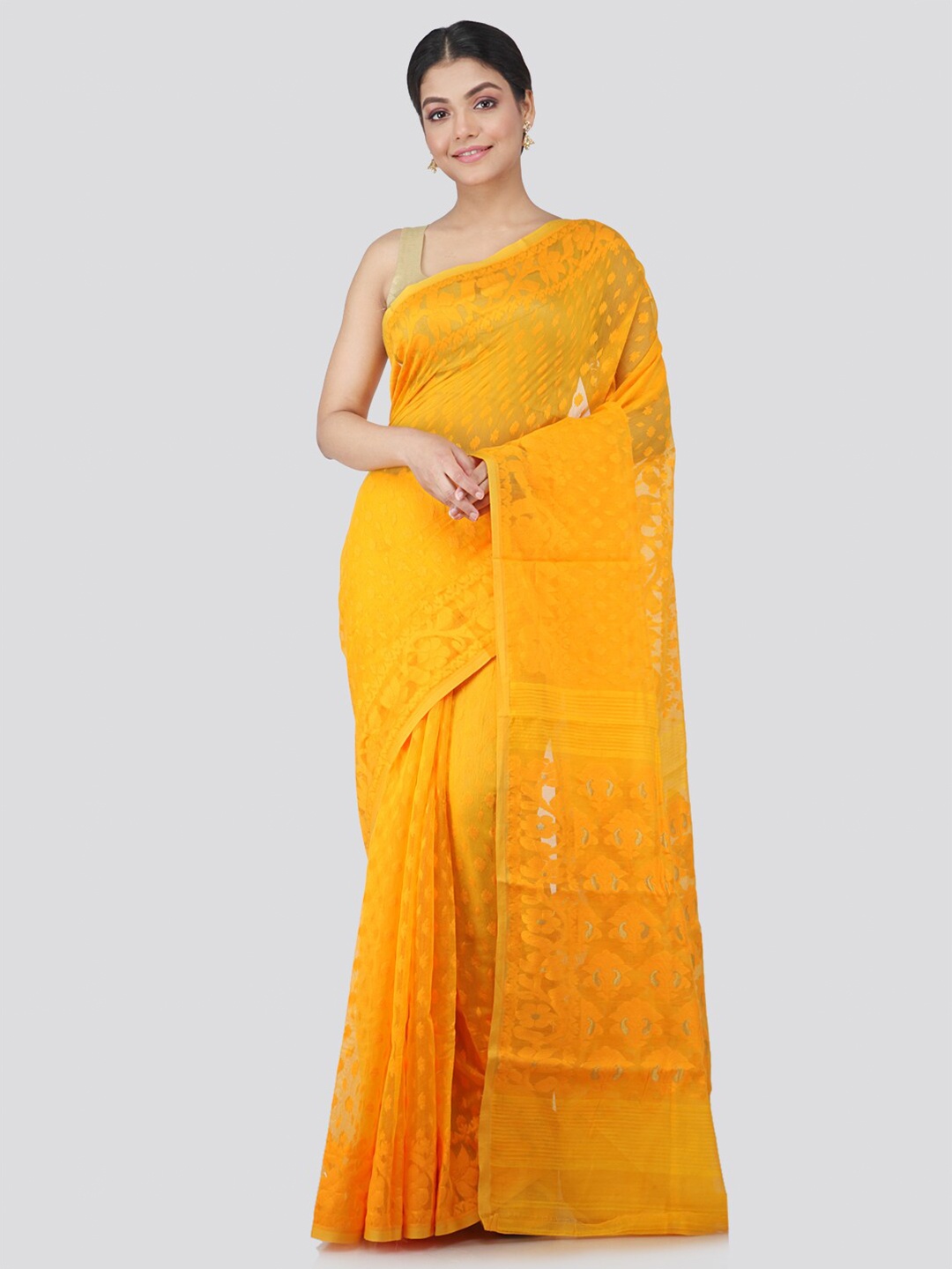 

PinkLoom Yellow Floral Pure Cotton Jamdani Sustainable Saree