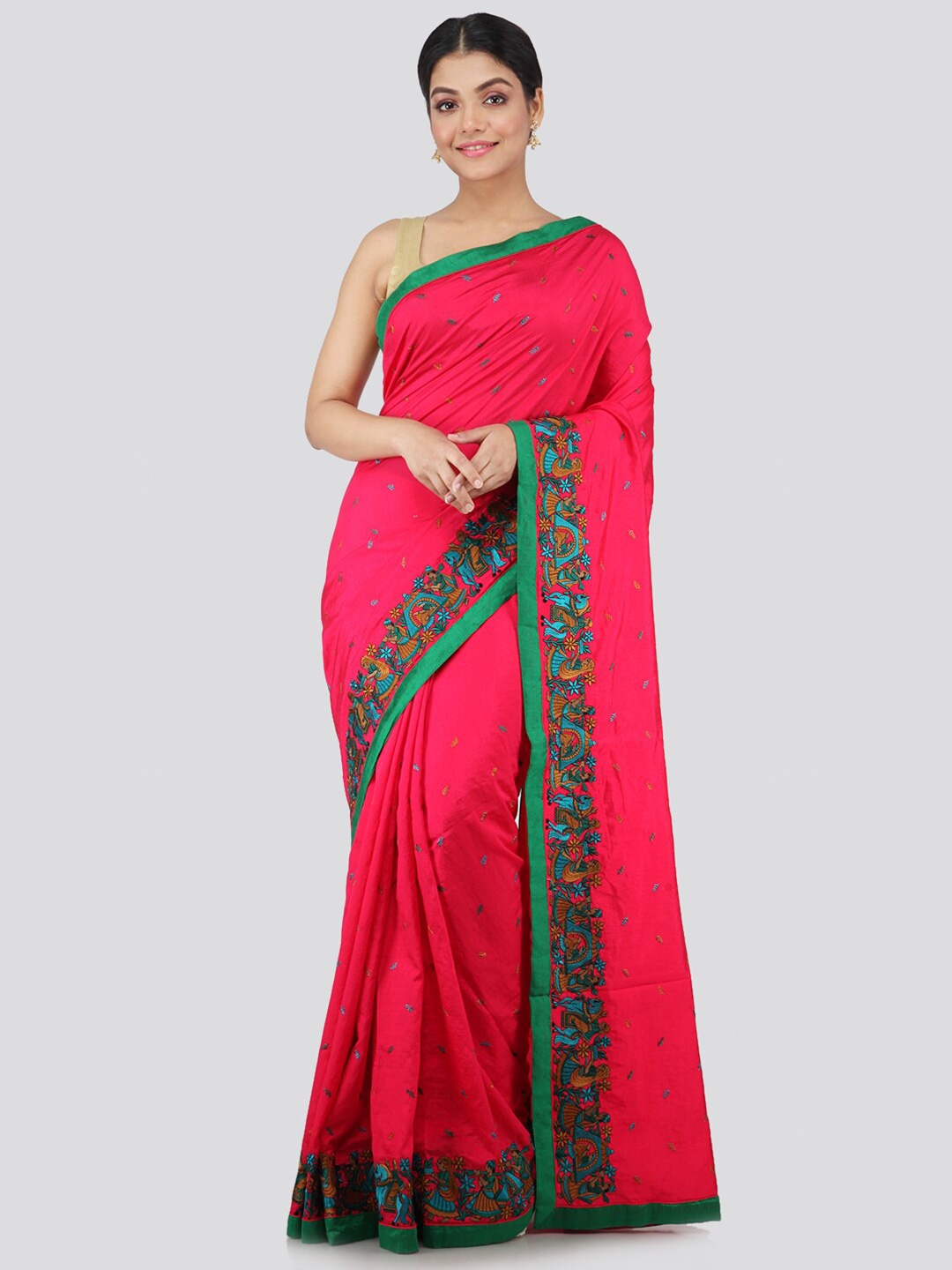 

PinkLoom Pink & Blue Floral Pure Silk Saree