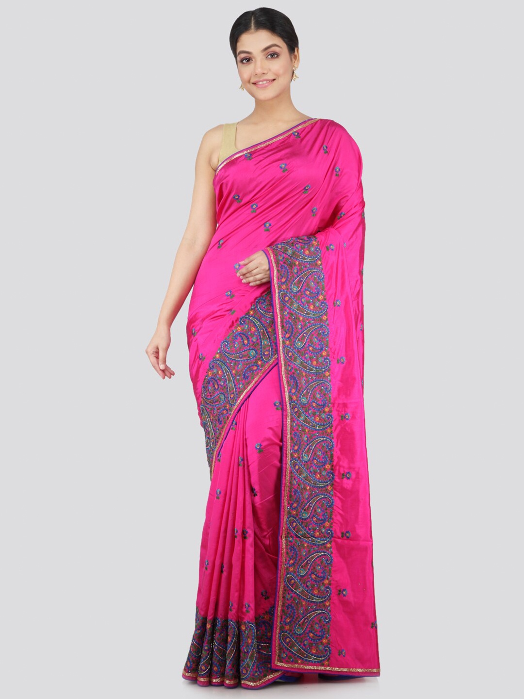 

PinkLoom Pink & Blue Floral Pure Silk Saree