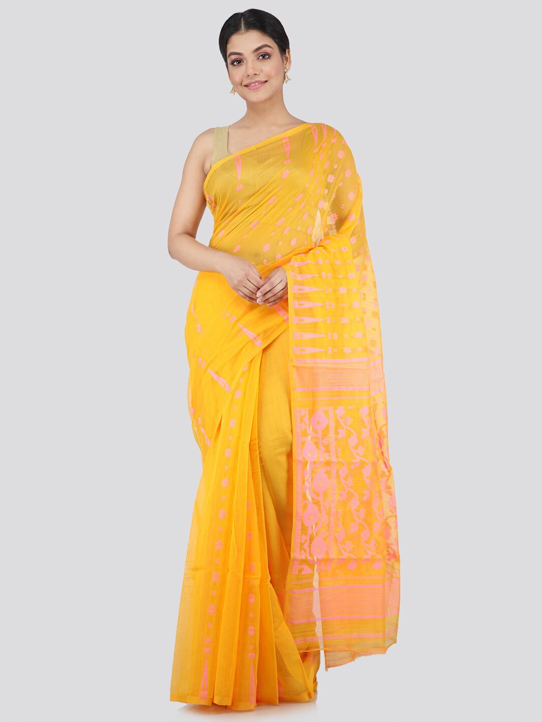 

PinkLoom Yellow & Pink Floral Pure Cotton Jamdani Sustainable Saree