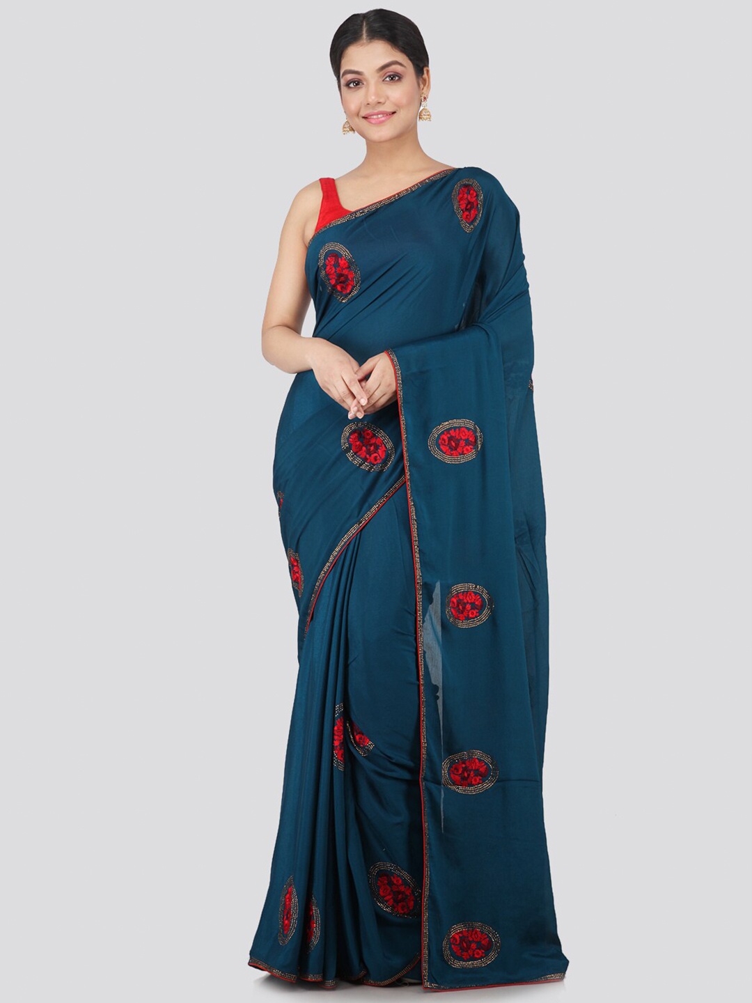 

PinkLoom Blue & Red Ethnic Motifs Pure Chiffon Saree