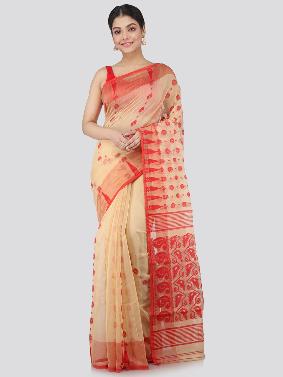 

PinkLoom Beige & Red Ethnic Motifs Pure Cotton Jamdani Sustainable Saree