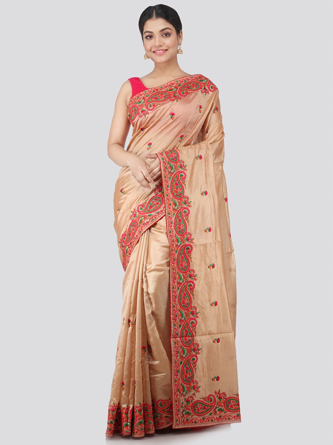 

PinkLoom Beige & Pink Paisley Pure Silk Saree