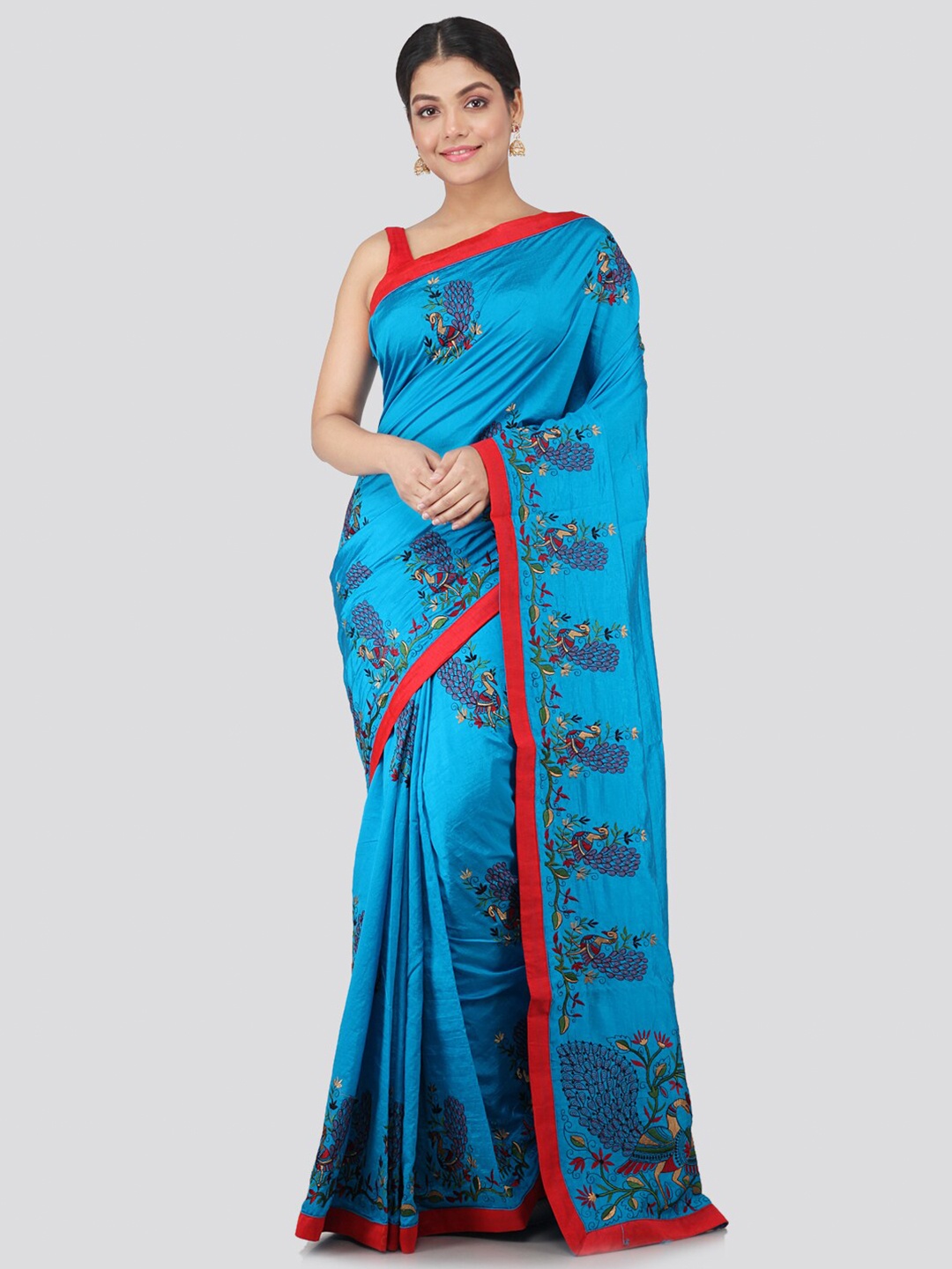 

PinkLoom Blue & Red Ethnic Motifs Pure Silk Saree