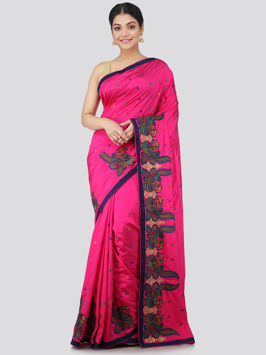 

PinkLoom Pink & Blue Ethnic Motifs Embroidered Pure Silk Saree