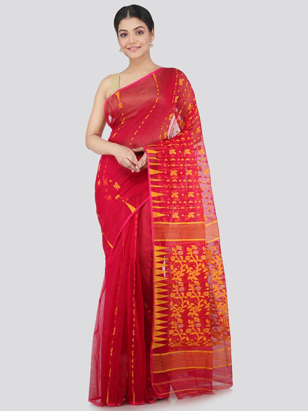 

PinkLoom Red & Yellow Floral Pure Cotton Jamdani Sustainable Saree