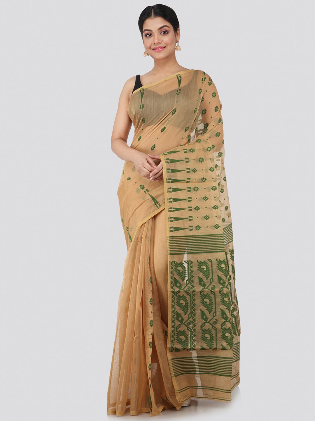 

PinkLoom Beige & Green Ethnic Motifs Pure Cotton Jamdani Sustainable Saree